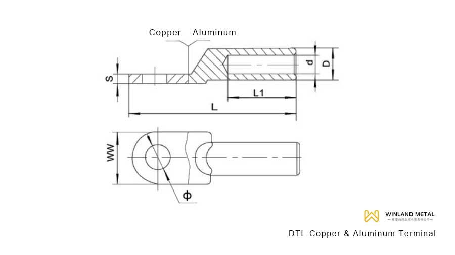 DTL copper aluminum terminals size drawing